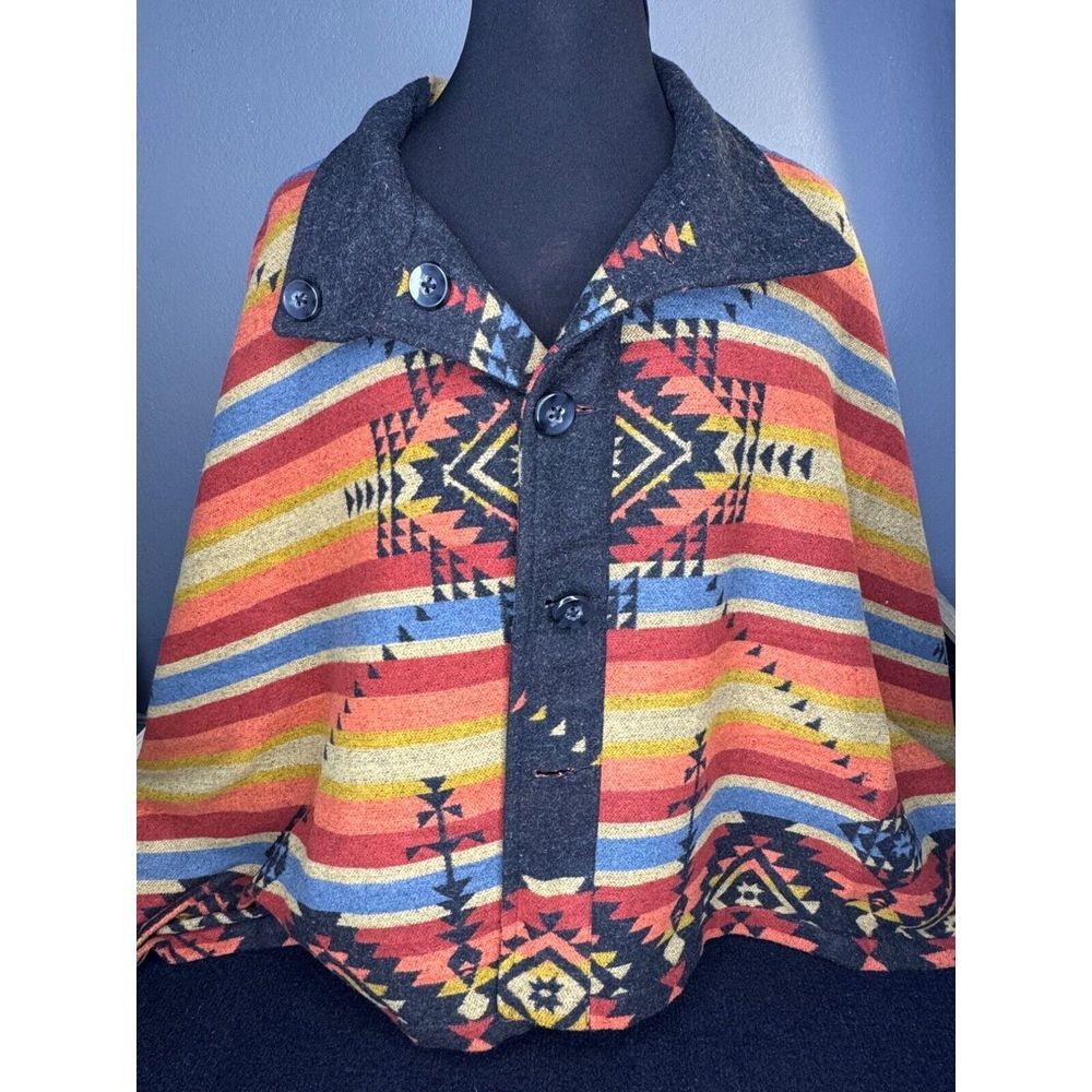 Aztec Pattern Reversible Button-Up Poncho Coat Wi… - image 3